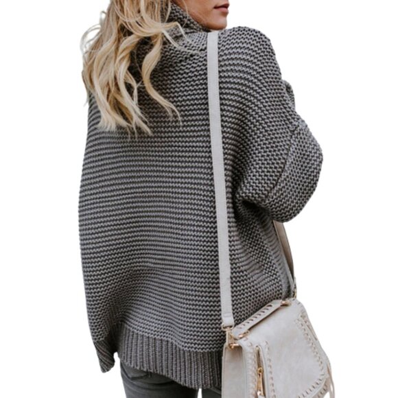 Sweaters - High Collar Ribbed Cuffs Gray Relaxed Knit Sweater 65% Cotton / 35% Polyester L